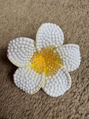 White and Yellow Beaded Flower Hair Pin Accessory -Custom Bedazzled